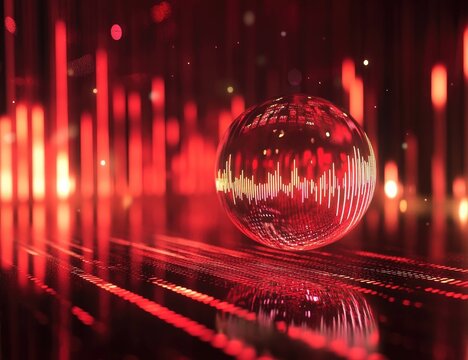 Surreal stock market chart with a glass sphere and holographic graphs, set against an abstract background.