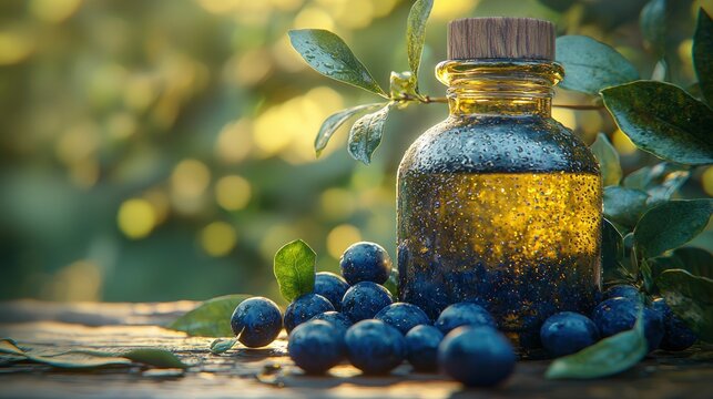 Amber-hued elixir in a glass bottle, surrounded by dark blue berries and lush greenery, bathed in golden sunlight