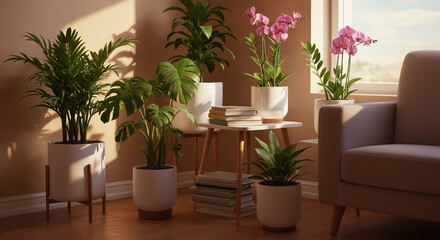 Cozy corner with indoor plants, flowers and books in sunlit modern living room