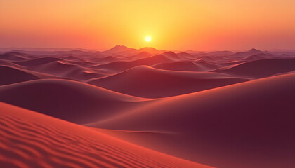 Desert Landscape at Sunset with Orange Sky and Sand Dunes