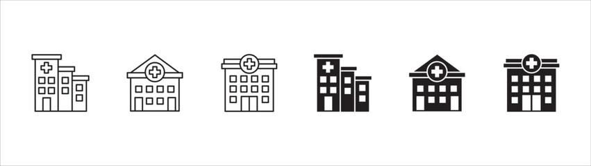 Hospital building icon set. Hospital and healthcare icon collection. Icon symbol of hospital buildings, medical house, medic, clinic, digital healthcare. Vector illustration
