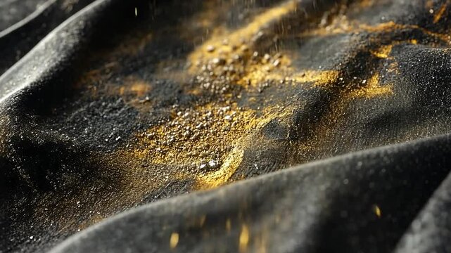 Golden particles gracefully fall onto the softly draped ebony fabric, creating an elegant scene