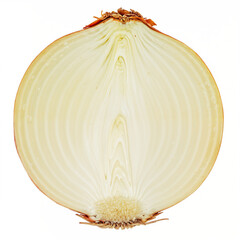 Sliced onion shows its inner layers in a cross section on white backdrop closeup food concept