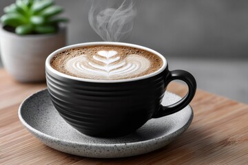 Steaming cup of cappuccino with latte art is standing on wooden table