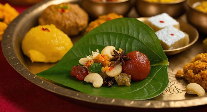 Close up of betel leaf with vibrant fillings and festive Indian thali in background