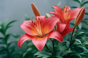 Two Beautiful Pink Asiatic Lilies Showing Their Stamens Covered in Dew
