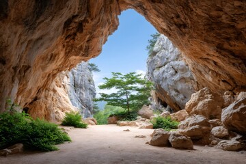 Exploring a large cave with a lone tree growing in the entrance