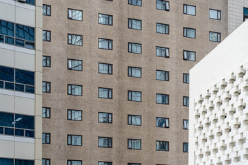 Image capturing diverse architectural styles and forms of a hotel exterior.

