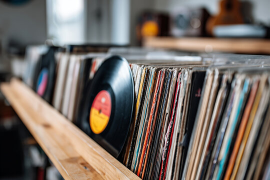 vintage vinyl records arranged on wooden shelf, curated music collection, emotional and aesthetic scene, 