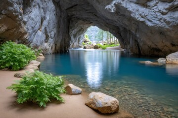 Turquoise water flowing under natural rock arch reflecting surrounding nature