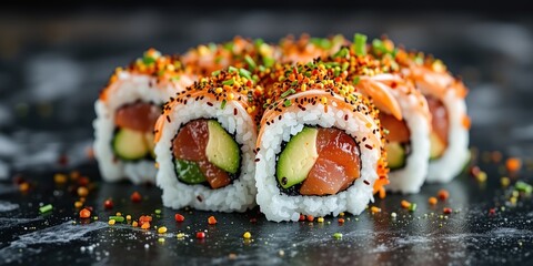 Fresh Tuna and Avocado Sushi Roll with Tobiko.