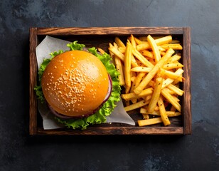 Hamburguesa con papas a la francesa o fritas sobre una table o mesa de madera © Lunartic.pe