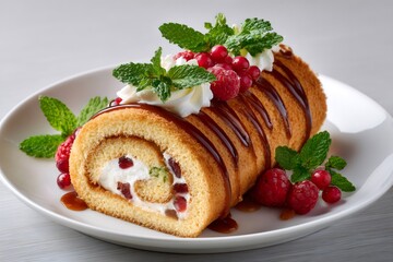 Swiss roll cake with whipped cream, caramel sauce, mint and berries decorating a white plate