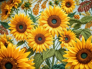 Hand-Embroidered Tapestry with Blooming Sunflowers,  Beautiful Floral Artwork