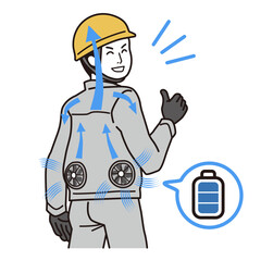 フル充電で稼働するファン付き作業服を着た、笑顔の男性　シンプルなイラスト