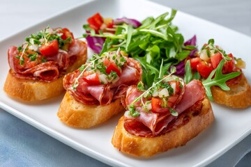 Chef preparing delicious bruschetta with toasted bread, tomato, salami and herbs