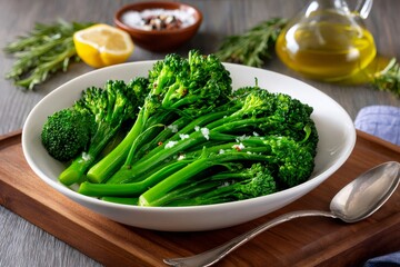 Blanched broccolini seasoned with salt and pepper resting in white bowl
