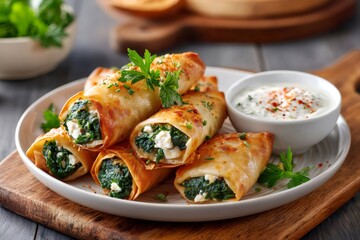 Delicious crispy fried egg rolls filled with spinach and feta cheese served with dipping sauce