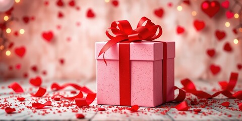Pink Valentine's Day Present with Red Ribbon