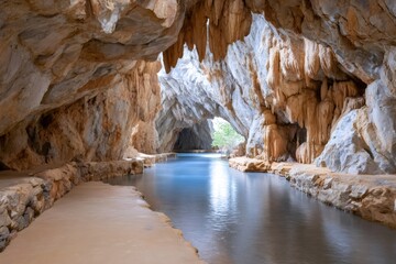 Stalactites hanging from ceiling of cave with underground river flowing