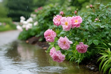 Pink roses getting wet in the rain next to a puddle
