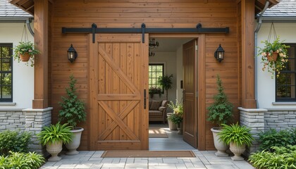 Rustic Farmhouse Entrance with Sliding Barn Door