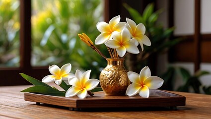 Vibrant Yellow Needles & White Frangipani in Gold Vase