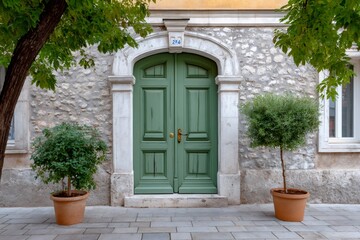 Elegant green wooden door of a building with stone facade and potted plants