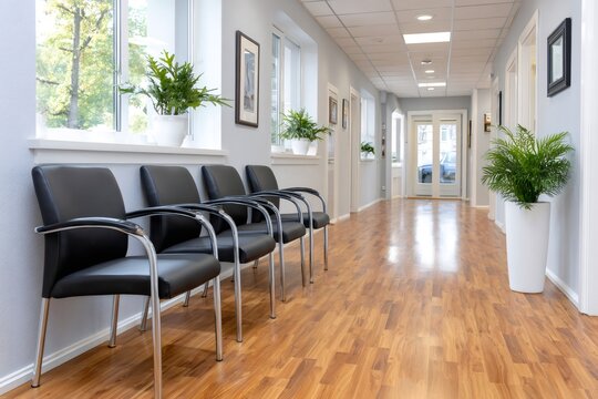 Empty waiting room with black chairs and wooden floor