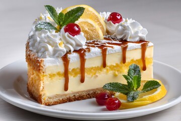 Delicious lemon cake slice with whipped cream and caramel topping