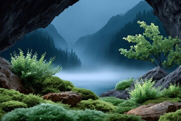 Fog is covering a mountain lake seen from inside a cave during blue hour