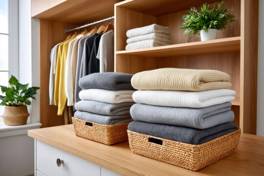 Neatly folded sweaters and jumpers in wicker baskets inside a modern wooden wardrobe