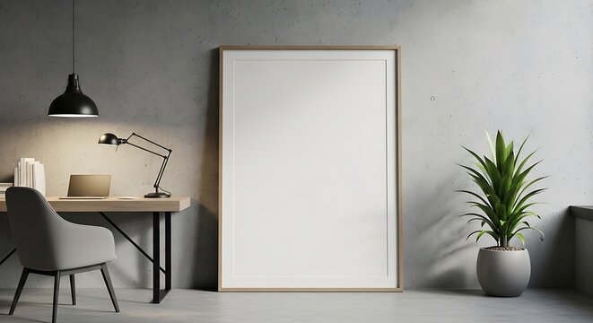 Modern minimalist home office workspace with a large blank frame a desk lamp and plant