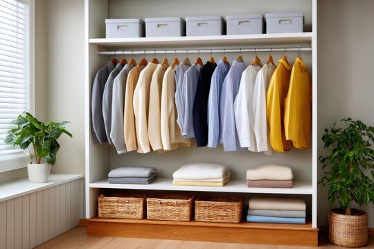 Modern wardrobe with clothes hanging and wicker baskets organizing shelves in a tidy room