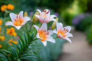Delicate pink and orange lilies blooming in summer garden