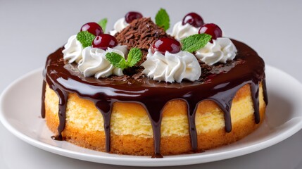 Delicious cheesecake with dripping chocolate, whipped cream, cherries and mint leaves