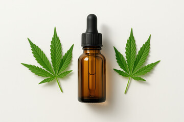 Fototapeta premium Amber glass dropper bottle with cbd oil and two fresh cannabis leaves on white background for wellness and natural health concepts