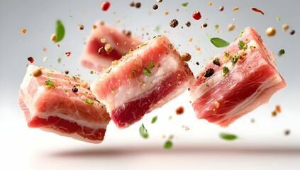 Floating pieces of fresh meat garnished with colorful spices and herbs, perfect for culinary designs and food art.