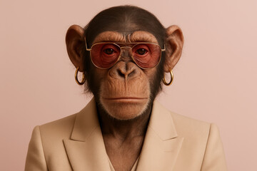 Stylish chimpanzee wearing a beige suit and sunglasses with gold earrings against a soft pink background