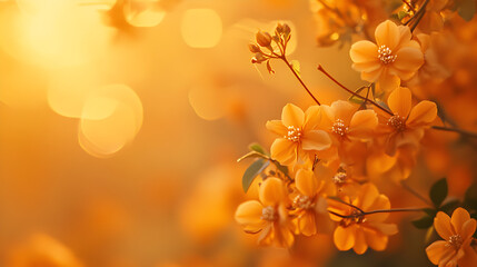 Beautiful close up of delicate orange flowers with bokeh sunlight in warm golden light