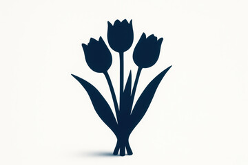 Minimalist silhouette of three blooming tulips with leaves on a clean white background highlighting elegant floral design elements