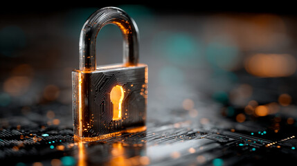 Floating digital lock on a glowing colorful circuit board background, symbolizing cyber security, fraud prevention, privacy, and secure computing systems with space for text or captions.

