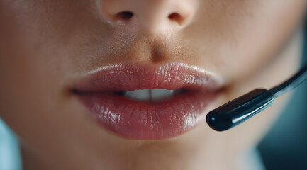 Close-up of a customer service representative speaking into a headset, showcasing their professional communication.