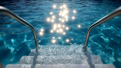 A serene view of steps leading into a shimmering swimming pool, reflecting sunlight on the clear blue water.