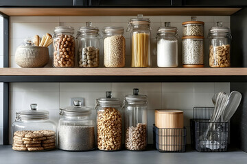 A neat kitchen shelf filled with various jars of pasta, grains, and cookies for organized cooking.