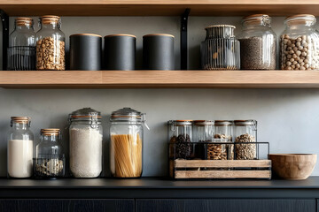 Organized kitchen shelves featuring clear jars filled with various ingredients, showcasing modern storage solutions.