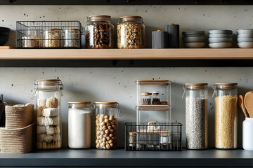 A neatly organized kitchen shelf displays jars of grains, nuts, and spices, promoting a clean and modern cooking space.