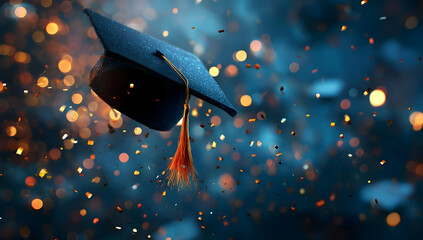 Celebratory graduation cap surrounded by colorful confetti, symbolizing achievement and success in education.
