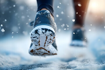 A close-up of a runner's shoes as they tread through the snow, capturing the essence of winter exercise.