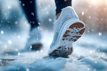 A close-up of a sneaker stepping through fresh snow, capturing the essence of winter fitness and adventure.